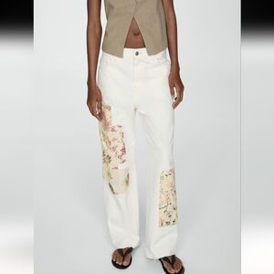 Mango Cream Floral Patchwork Straight Leg Jeans